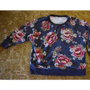 FREE PEOPLE Oversized Terry Floral Rose Sweater Red Navy Blue XS